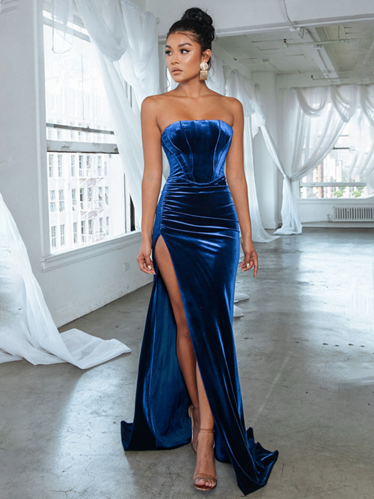 Slit Elegant Velvet Evening Gown Dress ...